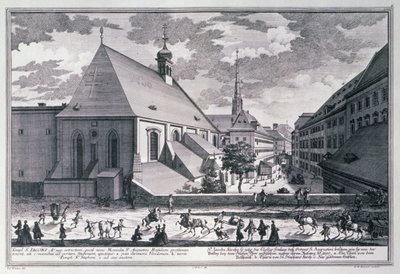 Veduta della Chiesa di San Giacomo, Vienna incisa da Georg-Daniel Heumann da Salomon after Kleiner